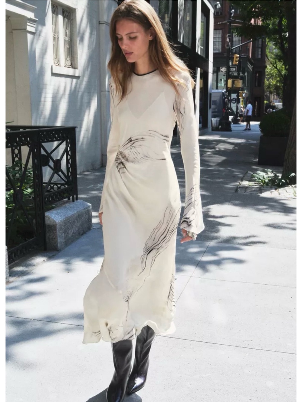 Zara Cream Long-Sleeve Slip Dress with Black Sketch Detail